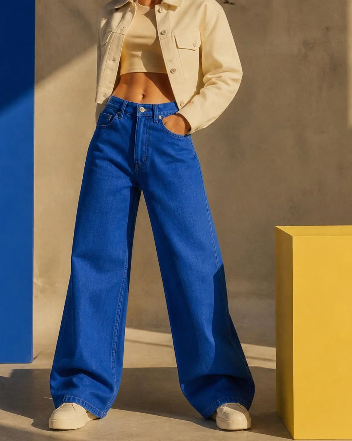 Detail celana denim wide-leg